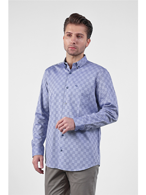 İMZA Lacivert - Mavi Düğmeli Yaka Uzun Kol Cepli Comfort Fit %100 Pamuk Gömlek 1004260173