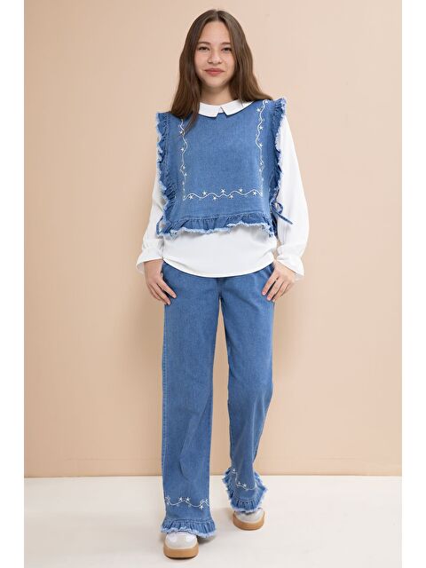 Cansın Mini Mavi Nakışlı Jean Süveterli Püsküllü Pantolonlu 3lü Kız Çocuk Jean Takım 23483 - S000492747-17234