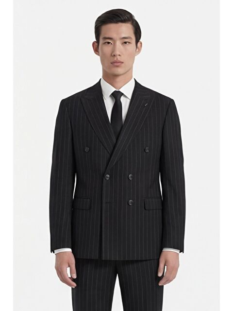 Sabri Özel Siyah Slim Fit Sivri Yaka Çizgili Kruvaze Takım Elbise - S000524034-19351