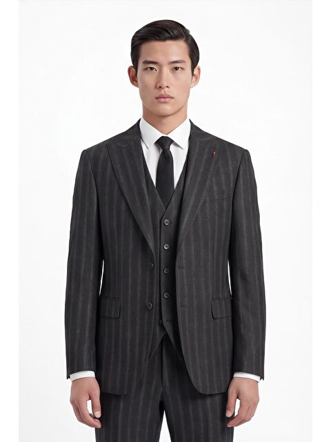 Sabri Özel Erkek Viskon Karışımlı 8 Drop Klasik Siyah Yelekli Takım Elbise - S000524035-19351