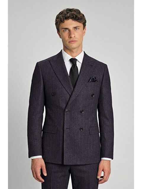 Sabri Özel Giotelli Bordo Slim Fit Çizgili Sivri Yaka 6 Drop Duble Paça Tam Astarlı Erkek Takım Elbise Rm - S000524038-19951
