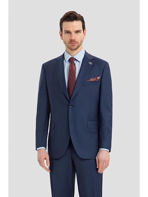 Sabri Özel Erkek Açık Lacivert Slim Fit Mono Yaka Çizgili 4 Drop Yün Karışımlı Takım Elbise