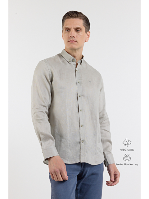 İMZA Vizon Keten Düğmeli Yaka Uzun Kol Cepsiz Slim Fit %100 Keten Gömlek 1004260161