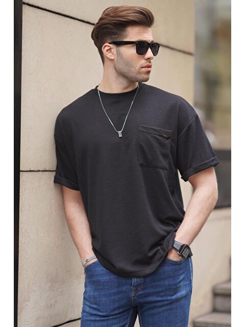 Madmext Siyah Erkek Cep Detaylı Oversize Tişört 6194 - S000423929-19351