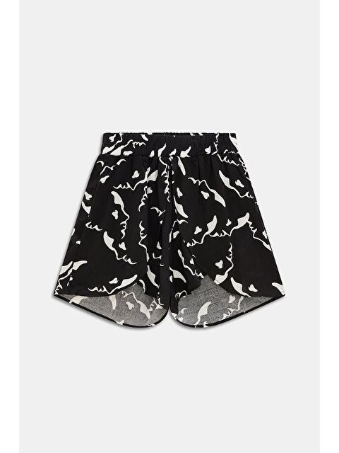 Saade Siyah Kadın Beli Lastikli Önü Parçalı Dokuma Şort - Viskon - S000497499-19351