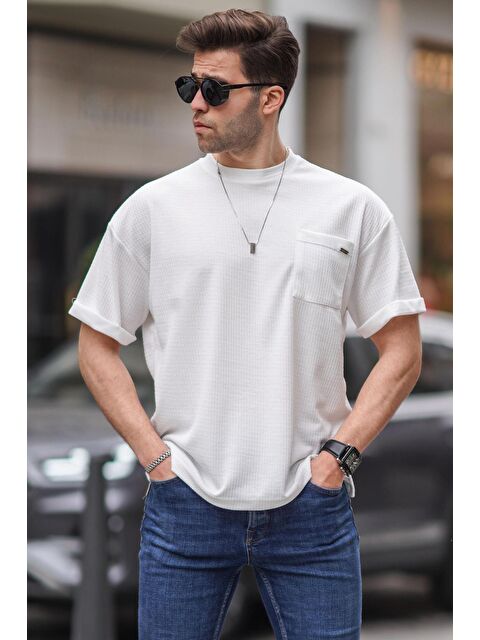 Madmext Beyaz Erkek Cep Detaylı Oversize Tişört 6194 - S000423929-20063