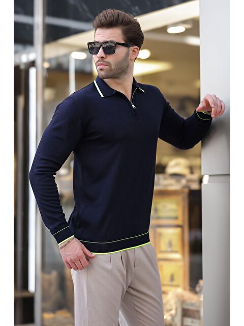 Madmext Lacivert Fermuarlı Polo Yaka Çizgi Detaylı Uzun Kollu Kazak 7267 - S000292579-21164