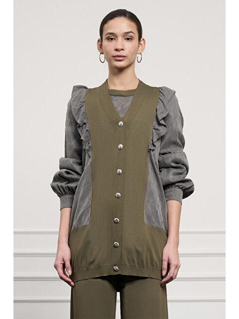 Nuss Fırfır Detay Önü Düğmeli Hırka 6051 Haki - S000386149-18547