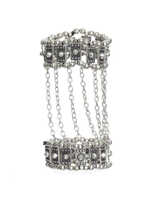 Labalaba Kadın Antik Gümüş Kaplama Zincir Bağlantılı Eldiven Formlu Lastikli Tasarım Bileklik - S000496915-18105