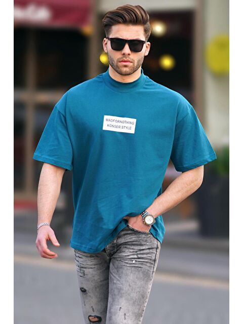 Madmext Petrol Mavisi Yalancı Dik Yaka Oversize Erkek Tişört 7004 - S000423930-20019