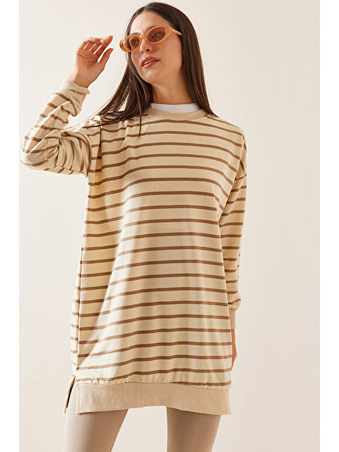 Xhan Kahverengi Bisiklet Yaka Çizgili Sweatshirt 5YXK8-48917-18 - S000272561-19413