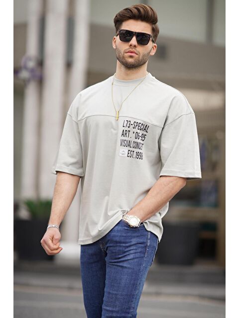 Madmext Boyalı Gri Oversize Baskılı Erkek %100 Pamuk Tişört 6193 - S000423932-22875
