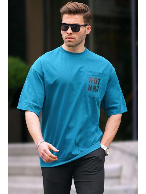 Madmext Petrol Mavisi Cep Detaylı Oversize %100 Pamuk Tişört 7008 - S000157976-20019