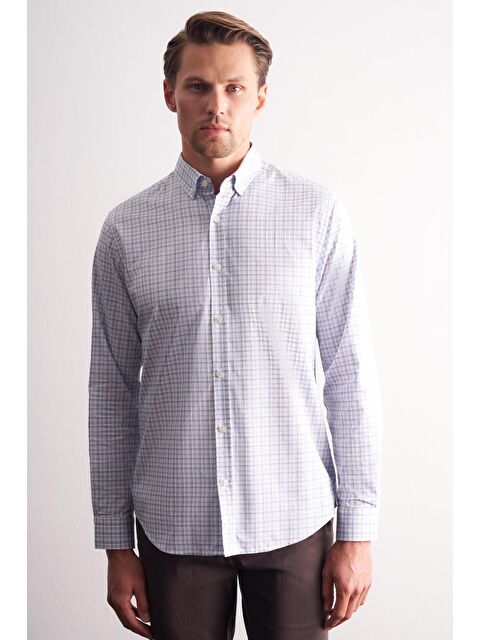 İMZA Beyaz - Gri Düğmeli Yaka Kareli Desen Uzun Kol Premium Slim Fit %100 Pamuk Gömlek 1004255184 - S000505489-37227