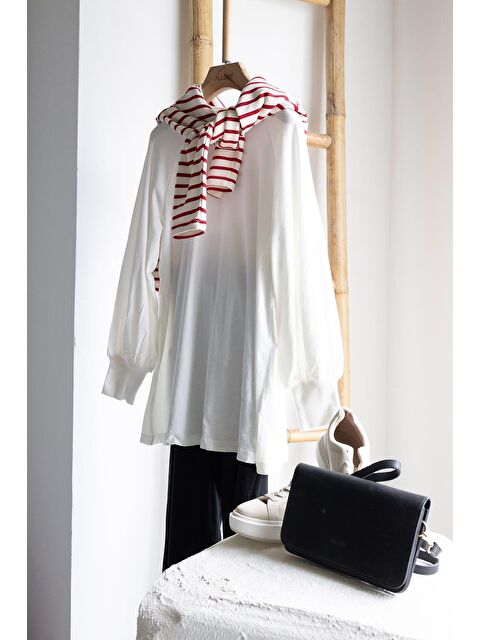 ALLDAY Ekru-Pamuklu Bisiklet Yaka Kolları Büzgülü Uzun Kollu Elastanlı T-Shirt - S000033461-19965