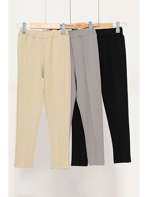 For You Kids 3 Lü Çımalı Bej Gri Siyah Elastanlı İnterlok Tayt - S000346902-4206