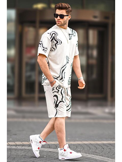 Madmext Ekru Desenli Erkek Şort %100 Pamuk Takımı 5948 - S000157005-19965