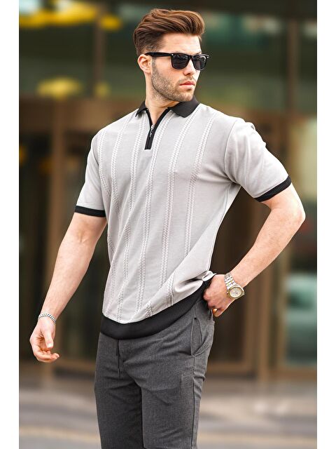 Madmext Gri Fermuar Detaylı Polo Yaka Erkek Tişört 6874 - S000157006-20600