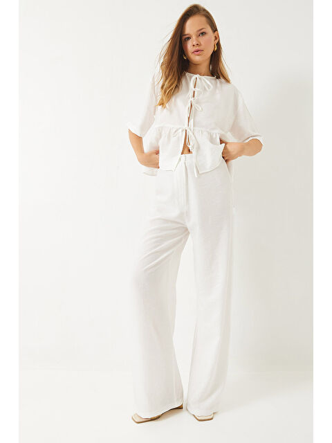 SHADE Kadın Bağlama Detaylı Kısa Kollu Bluz Pantolon Alt-Üst Takım - S000376541-20063