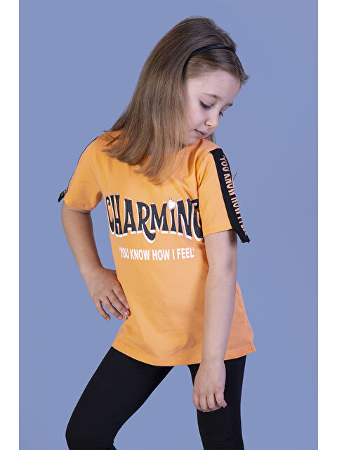 Toontoykids Kız Çocuk Kolları Şerit Detaylı Baskılı Tişört