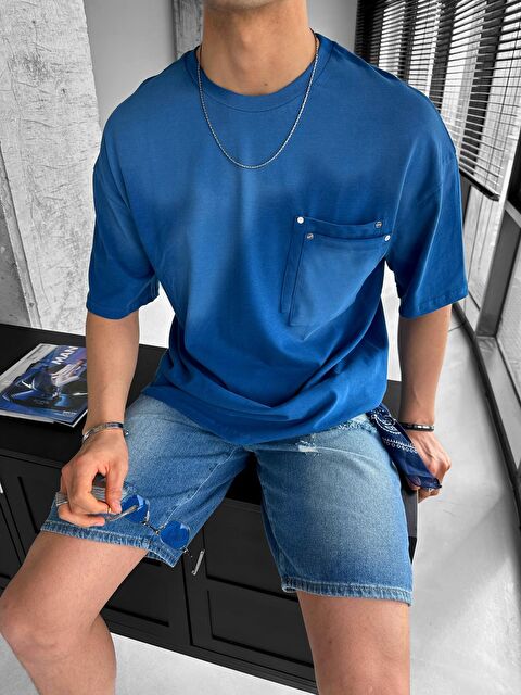 Abluka Online Erkek Oversize Çift Katman Cepli Tişört Mavi - S000163525-17234