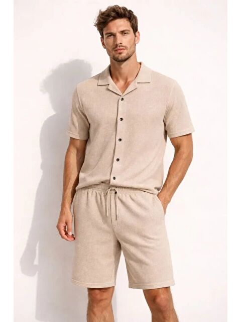 Jane's Erkek Waffle Kumaş Kısa Kollu Gömlek Şort Takım Regular Fit Yazlık İkili Set - Bej - S000528968-19928