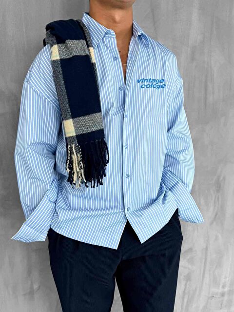 Abluka Online Erkek Oversize Baskılı Uzun Kollu Gömlek Mavi - S000491661-17234