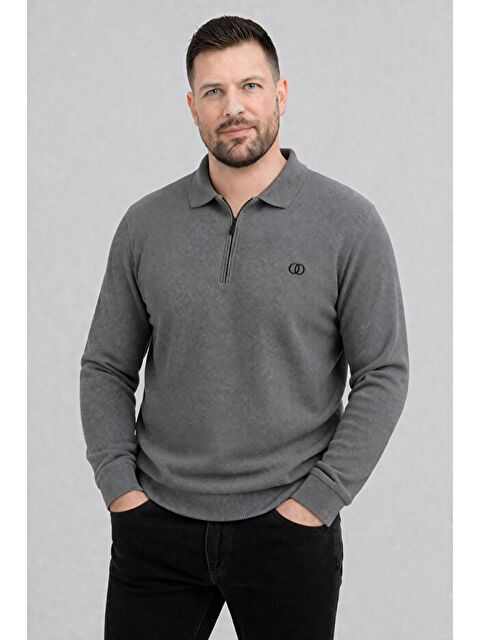 Formo Erkek Pamuklu Polo Yaka Yarım Fermuarlı Manşetli Fitilli Kaliteli Uzun Kollu Kazak