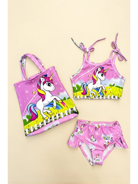 Modanino Kız Çocuk Çantalı 3'lü Mayo Takımı (Çanta+Mayo+Bikini) 3-10 Yaş 12586N