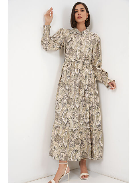 Bigdart Kadın Kuşaklı Tesettür Elbise 2589 - Bej - S000523136-19928