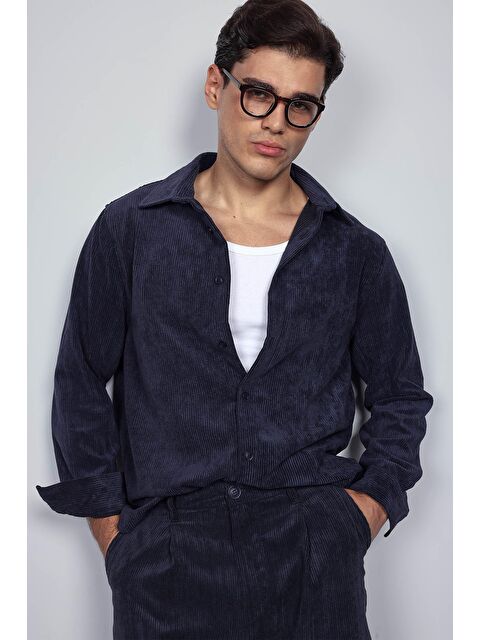 Abluka Online Erkek Oversize Kadife Dokulu Uzun Kollu Gömlek Lacivert - S000491664-21164