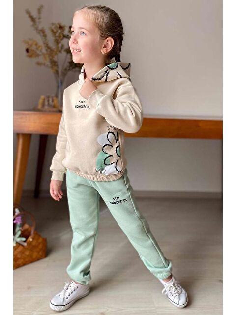 Riccotarz Kız Çocuk Stay Wonderful Çiçek Desenli İçi Pamuklu Yeşil Eşofman Takım - S000302832-18194