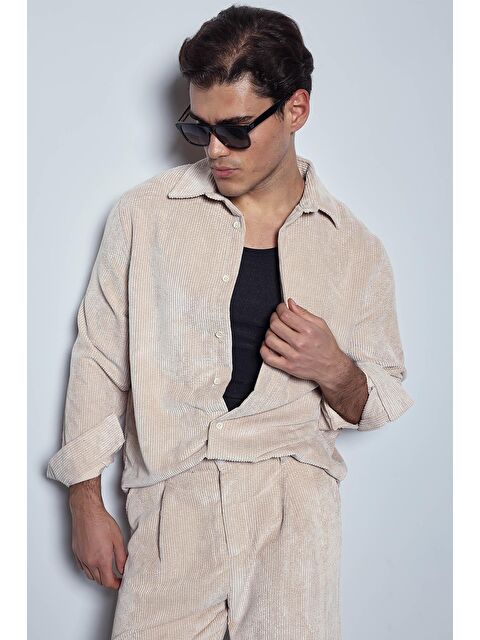 Abluka Online Erkek Oversize Kadife Dokulu Uzun Kollu Gömlek Taş Rengi - S000491664-25636