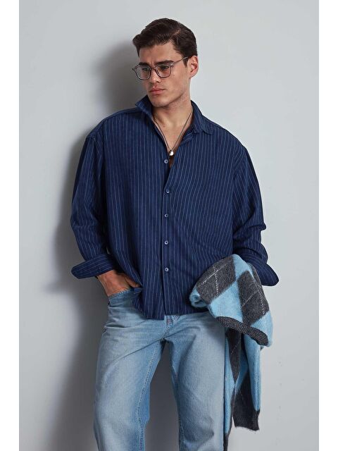 Abluka Online Erkek Oversize Çizgili Uzun Kollu Gömlek Lacivert - S000481843-21164