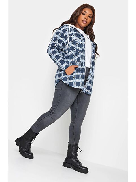 Stil Diva Büyük Beden Uzun Kollu Kareli Kapüşonlu Fermuarlı İnce Ceket 302664 - S000136586-21164