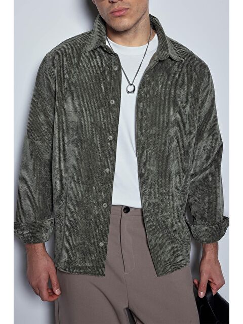 Abluka Online Erkek Oversize Kadife Dokulu Uzun Kollu Gömlek Haki Yeşil - S000491664-18547