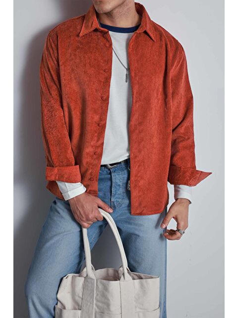 Abluka Online Erkek Oversize Kadife Dokulu Uzun Kollu Gömlek Kiremit - S000491664-18657