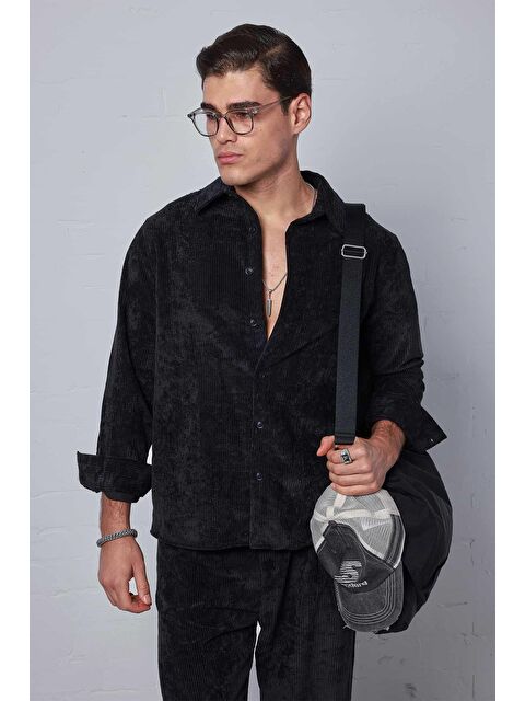Abluka Online Erkek Oversize Kadife Dokulu Uzun Kollu Gömlek Siyah - S000491664-19351