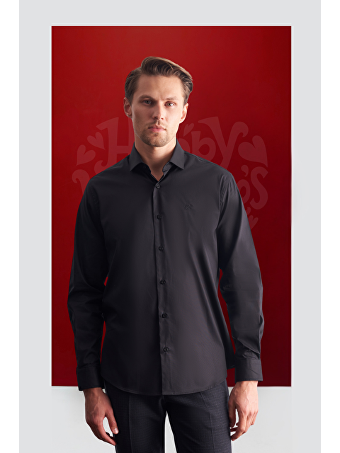 İMZA Siyah Yarım İtalyan Yaka Uzun Kol Premium Slim Fit Pamuklu Gömlek 1004255198 - S000505490-19351