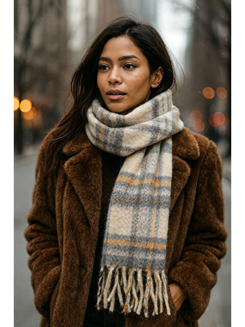 Remsa Ekose Desenli Atkı Omuz Şalı 45x200 cm 1297 Bej - S000459386-19928