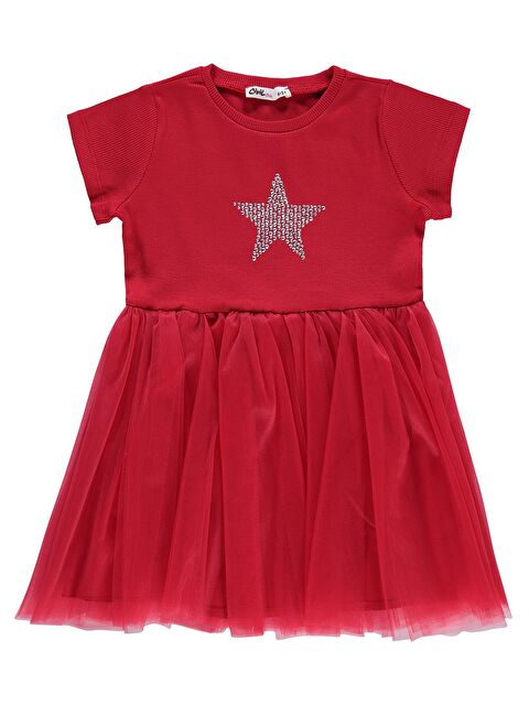 Civil Girls Yıldız Baskılı 4-9 Yaş Elbise - Kırmızı