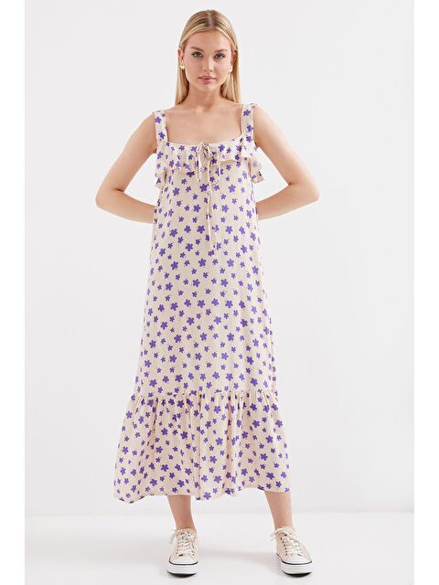 Bigdart 2237 Desenli Askılı Viskon Elbise - Lila - S000230653-17878