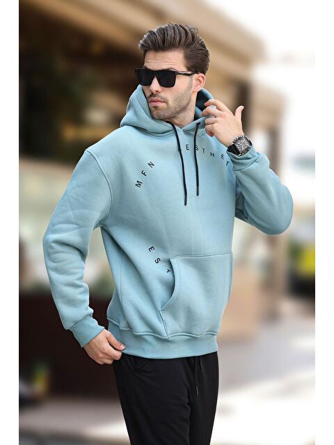 Madmext Mavi Kapüşonlu Cep Detaylı Nakışlı  Erkek Hoodie 7054 - S000241269-17234