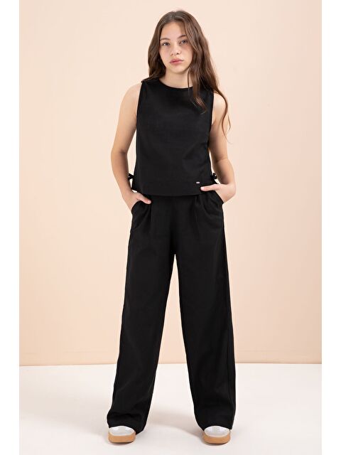 Cansın Mini Siyah Geniş Paça Pantolonlu Kız Çocuk Keten Croplu Takım 23447 - S000487223-19351