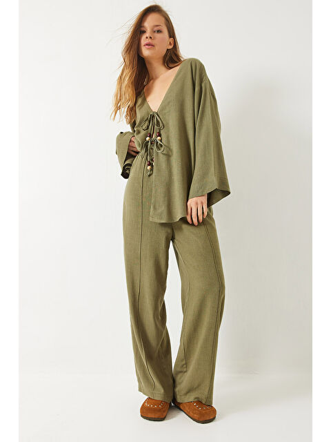 SHADE Kadın Önden Bağlamalı Boncuk Detaylı Keten Alt-Üst Takım - S000376783-18194