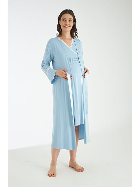 MİSS DÜNYA LİSSA Bebe Mavisi Dantel Detaylı Sabahlık Ve Gecelikli Hamile Ve Lohusa Gecelik Takımı - S000359129-3642