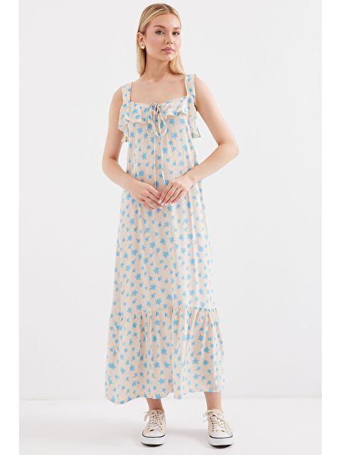 Bigdart 2237 Desenli Askılı Viskon Elbise - Mavi - S000230653-17234