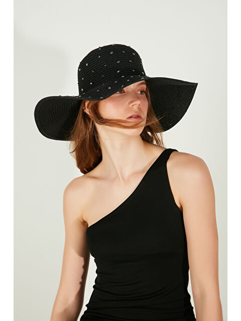 Luminos Butik Siyah Geniş Kenarlı Taş İşlemeli Doğal Hasır Şapka  Tasarım  Güneşten Koruma İçin İdeal HSR2085