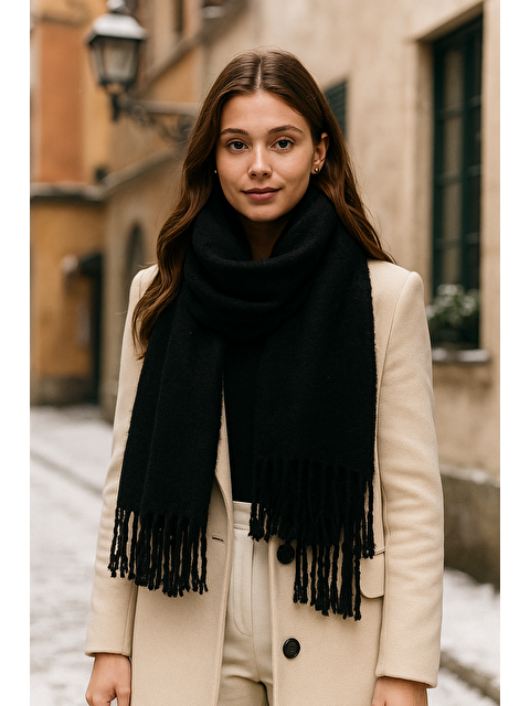 Luminos Butik Siyah Kalın Püsküllü Şal – Yumuşak Ve Geniş Yapı, Soğuk Hava Için Ideal Sal1257 - S000250428-19351