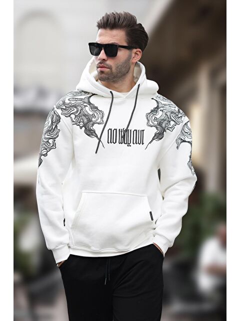 Madmext Ekru Kapüşonlu Cep Detaylı Baskılı  Erkek Hoodie 7052 - S000241270-19965